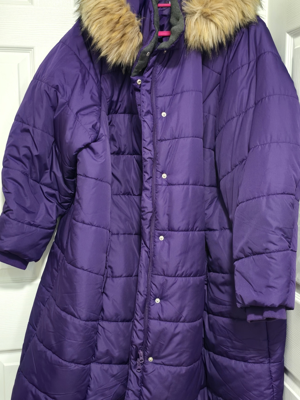 Roaman's Plus Size Purple Long Quilted Puffer Coat with Faux Fur Trim